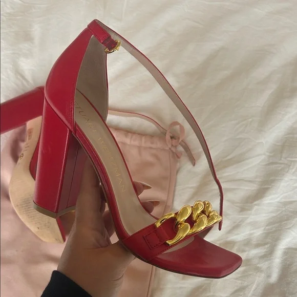 Stuart Weitzman Red Heels with Gold Chain Accent - Picture 6 of 6